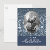 Navy und Silver Blume Chic Foto Save the Date Ankündigungspostkarte (Vorne/Hinten)