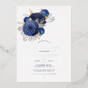 Navy und Silver Floral Bat Mitzvah Foto Foil Invi Folieneinladung