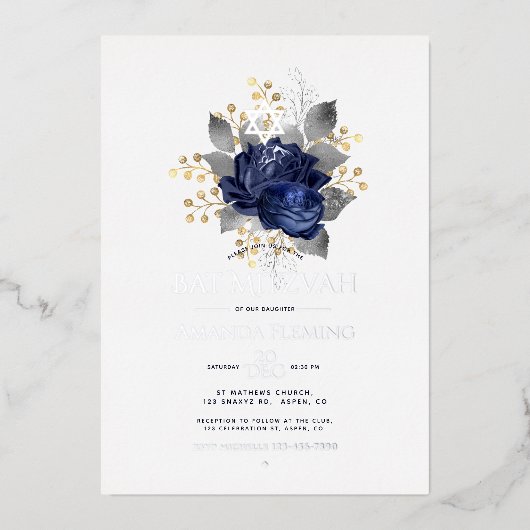 Navy und Silver Floral Bat Mitzvah Foto Folieneinladung (Vorderseite)