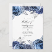 Navy und Silver Imitats Foil Floral Wedding Foto Einladung (Vorderseite)