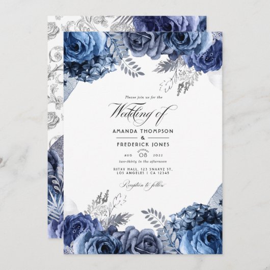 Navy und Silver Imitats Foil Floral Wedding Foto Einladung (Vorne/Hinten)