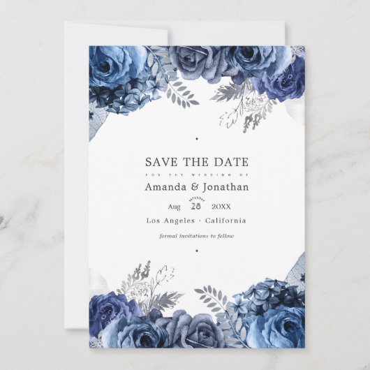 Navy und Silver Imitats Foil Floral Wedding Foto Save The Date (Vorderseite)