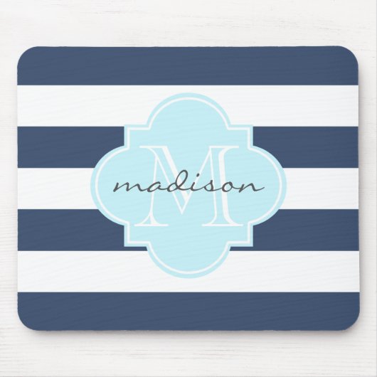 Navy und Sky Blue Nautical Stripes Custom Monogram Mousepad (Vorne)