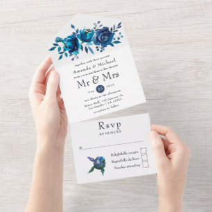 Navy- und Wasserfarben-Blumenhochzeit All In One Einladung