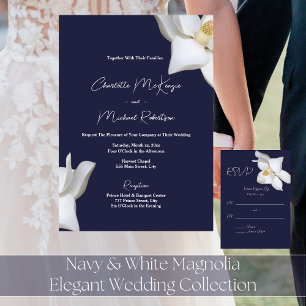 Navy und Weiß Elegante Magnolie Hochzeit Einladung