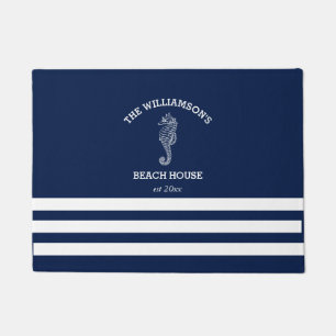 Navy- und Weiß gestreiftes Strandhaus Seepferdch Fußmatte