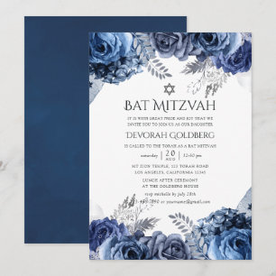 Navy und Weiß mit silberner Folien-Blumen-Bat-Mizw Einladung