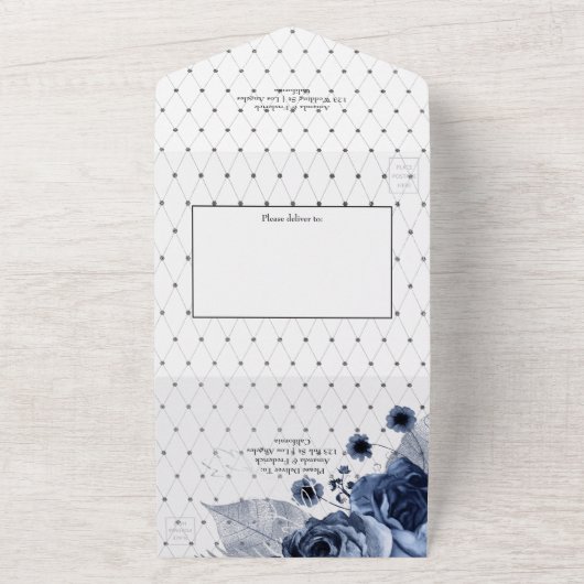 Navy und Weiß mit Silver Imitats Foil Wedding All In One Einladung (Außenbereich)
