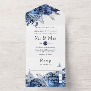 Navy und Weiß mit Silver Imitats Foil Wedding All In One Einladung
