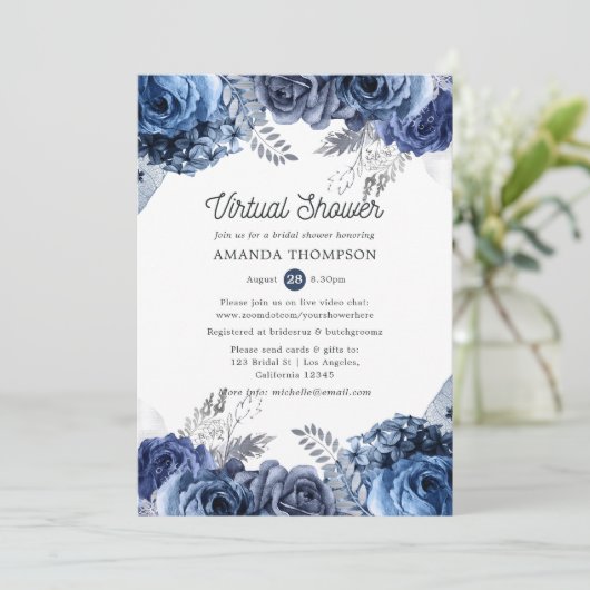 Navy und Weiß mit Silver Virtual Brautparty Einladung (Stehend Vorderseite)
