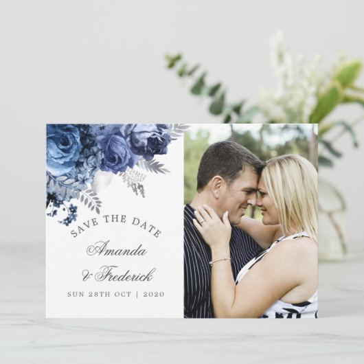 Navy und Weiß mit Silver Wedding Save the Date (Stehend Vorderseite)