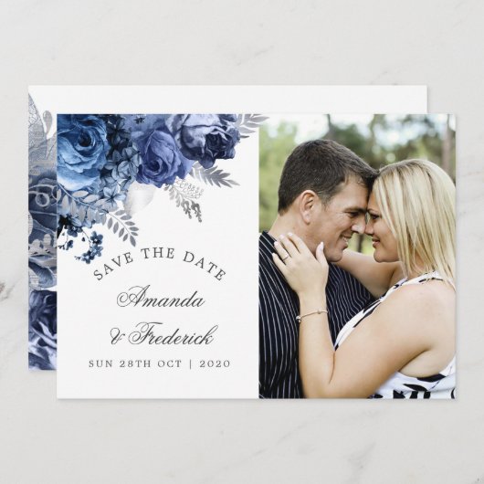 Navy und Weiß mit Silver Wedding Save the Date (Vorne/Hinten)