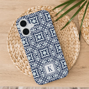Navy- und Weiß-Mittelmeer-Muster-Monogramm iPhone 16 Hülle