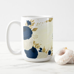 Navy- und weiße Blumen goldene botanische Hochzeit Kaffeetasse