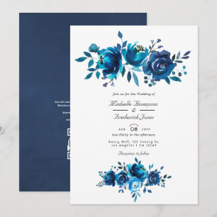 Navy- und weiße Blumen-QR-Code-RSVP-Gartenhochzeit Einladung