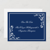 Navy und Weiße Flora Save the Date Ankündigungspostkarte (Vorne/Hinten)