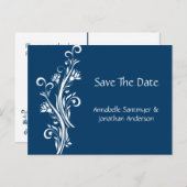 Navy und Weiße Flora Save the Date Ankündigungspostkarte (Vorne/Hinten)