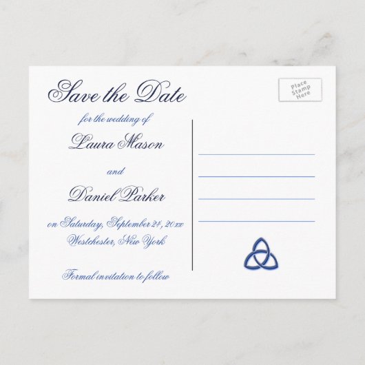 Navy und Weiße Liebe Knot Save the Date Postkarte (Rückseite)