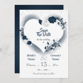 Navy und weißes Blumenherz Save The Date (Vorne/Hinten)