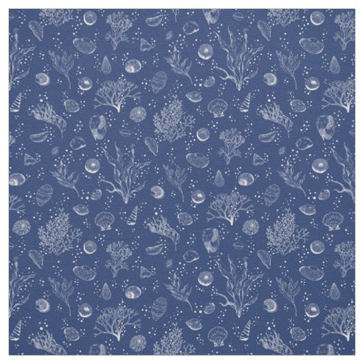 Navy- und Weißgewebe mit Muscheln und Algen Stoff (Muster)