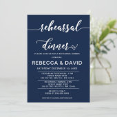 Navy und White Elegante Script Probe Dinner Einladung (Stehend Vorderseite)