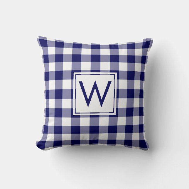 Navy und White Gingham Pattern, Custom Monogram Kissen (Vorderseite)