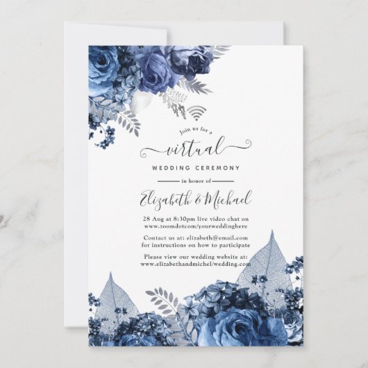 Navy und White mit Silver Foil Virtual Wedding Einladung (Vorderseite)