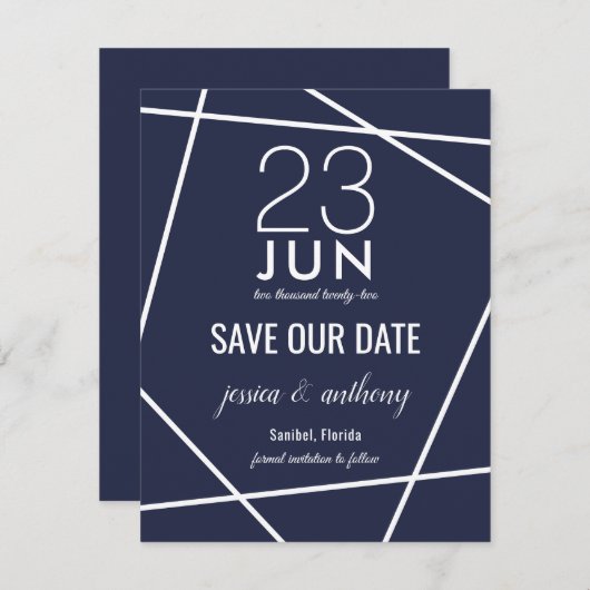 Navy und White Simple Geometric Save the Date (Vorne/Hinten)