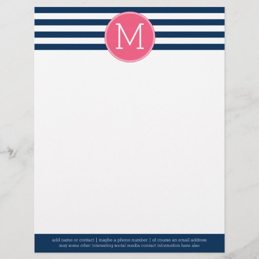 Navy und White Striping Muster Hot Pink Monogram Briefbogen (Vorderseite)