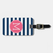 Navy und White Striping Muster Hot Pink Monogram Gepäckanhänger (Vorderseite horizontal)