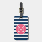 Navy und White Striping Muster Hot Pink Monogram Gepäckanhänger (Vorderseite vertikal)