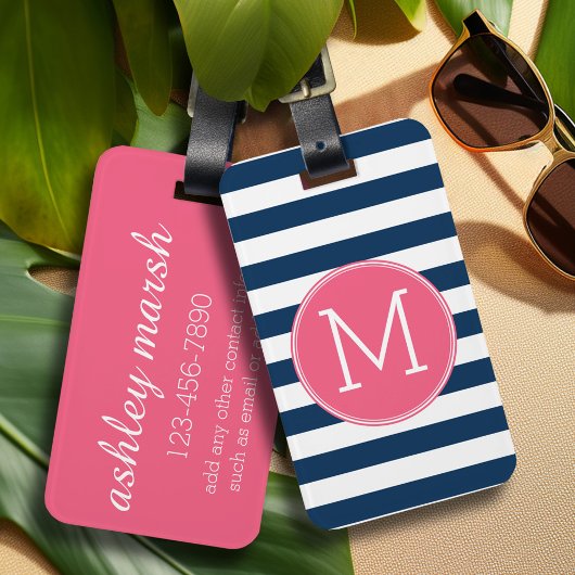 Navy und White Striping Muster Hot Pink Monogram Gepäckanhänger