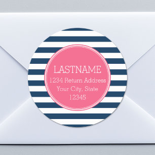 Navy und White Striping Muster Hot Pink Monogram Runder Aufkleber
