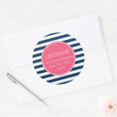 Navy und White Striping Muster Hot Pink Monogram Runder Aufkleber (Umschlag)