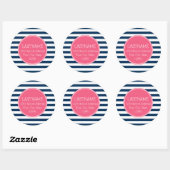 Navy und White Striping Muster Hot Pink Monogram Runder Aufkleber (Blatt)