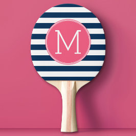 Navy und White Striping Muster Hot Pink Monogram Tischtennis Schläger
