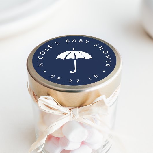 Navy und White Umbrella Baby Dusche Runder Aufkleber
