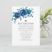 Navy und White Watercolor Floral Bat Mitzvah Einladung (Stehend Vorderseite)