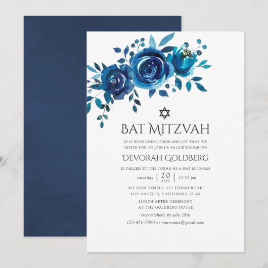 Navy und White Watercolor Floral Bat Mitzvah Einladung (Vorne/Hinten)
