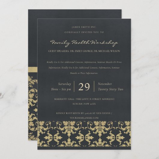NAVY VELVET GOLD DAMASK CLASSIC WORKSHOP EVENT EINLADUNG (Vorne/Hinten)