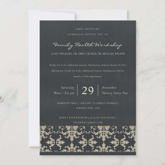 NAVY VELVET SILVER DAMASK CLASSIC WORKSHOP EVENT EINLADUNG (Vorderseite)