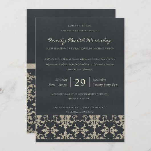 NAVY VELVET SILVER DAMASK CLASSIC WORKSHOP EVENT EINLADUNG (Vorne/Hinten)