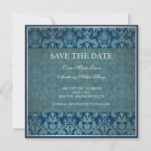 Navy Vintag Damask Save the Date Karte (Vorderseite)