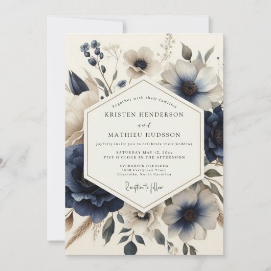 Navy Vintage Blossom Wedding Einladung (Vorderseite)