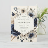 Navy Vintage Blossom Wedding Einladung (Stehend Vorderseite)