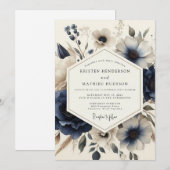 Navy Vintage Blossom Wedding Einladung (Vorne/Hinten)