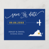 Navy Virgnia Wedding Save the Date Map Postcard Postkarte (Vorderseite)