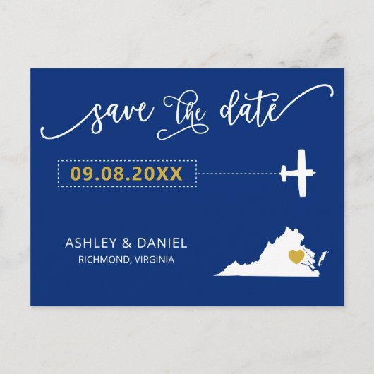 Navy Virgnia Wedding Save the Date Map Postcard Postkarte (Vorderseite)