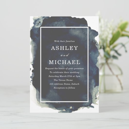 Navy Wasserfarbe Paint Splash Moderne Hochzeit Einladung (Stehend Vorderseite)