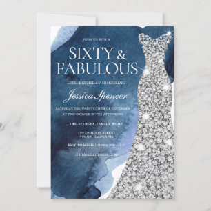 Navy Wasserfarbe & Silver Gown 60. Geburtstagspart Einladung
